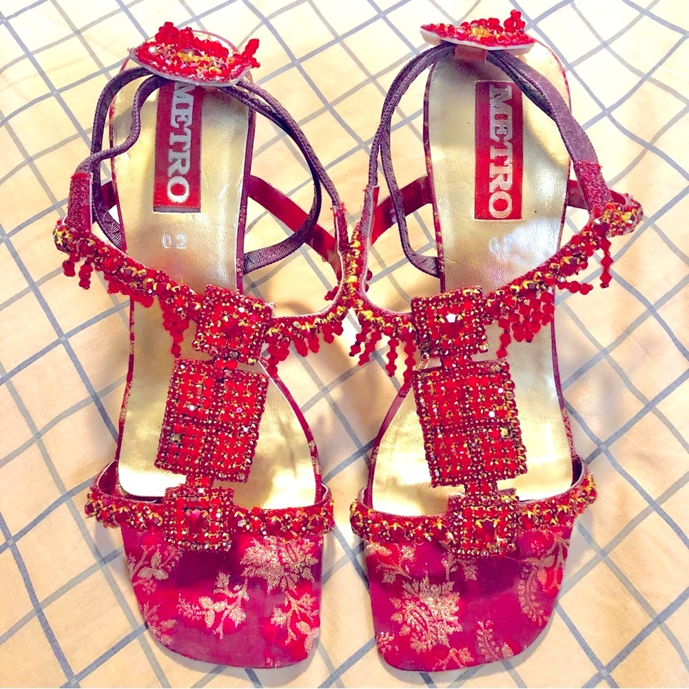 Metro Fancy Wedding Heels Red Diamanté and Crystal Studded Gold Diamanté Heel